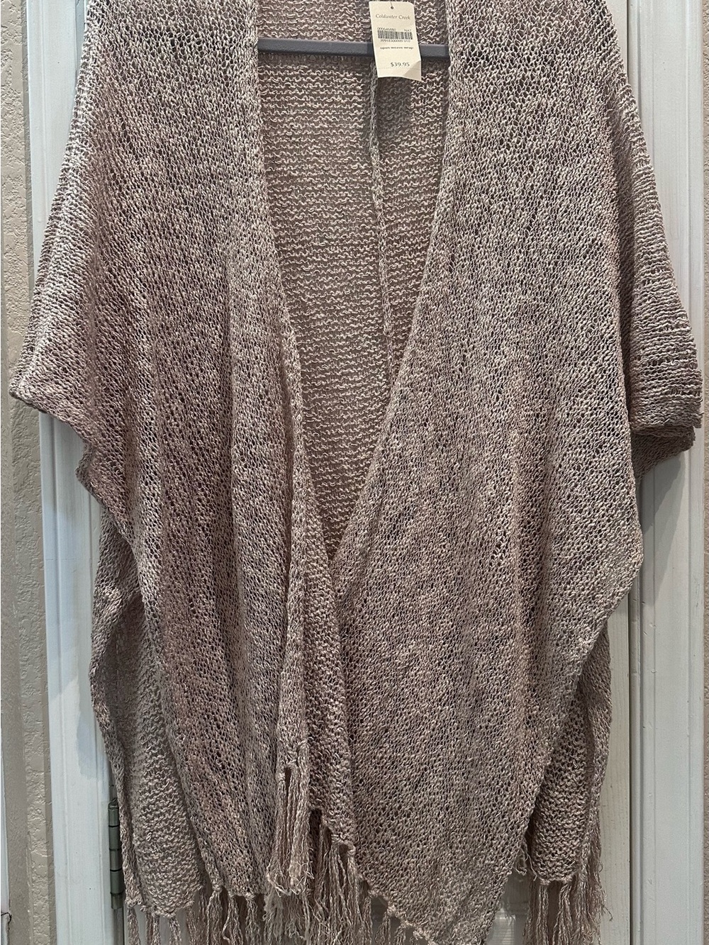 Coldwater Creek Light Taupe Open-Knit Fringe Sweater Shawl